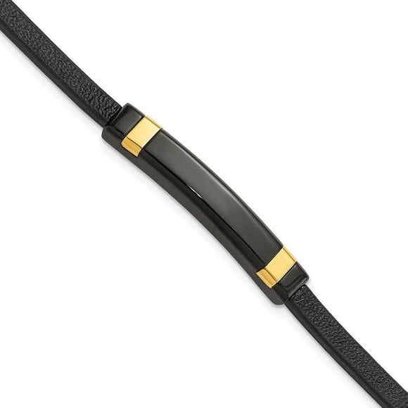 Black & Gold Tone Plated Stainless Steel Leather I.D. Bracelet 8.5 In
